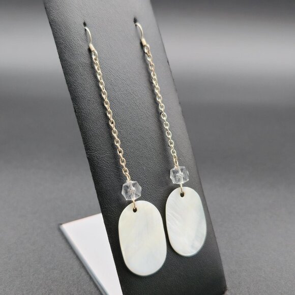 Silver Plated Over Copper White Shell Long Chain Earrings A6128 - Picture 2 of 5